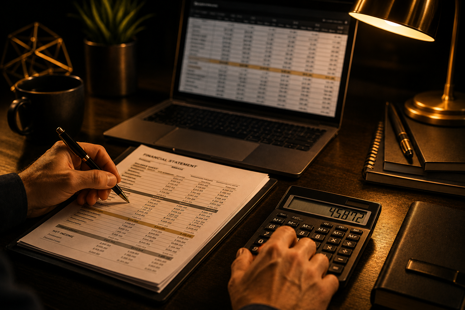 Hands reviewing a financial statement with a calculator and laptop spreadsheet in the background